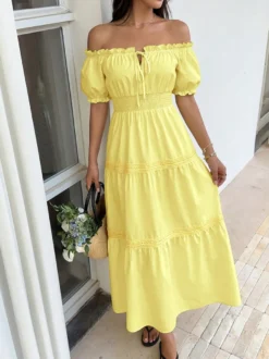 Robe de vacances maxi dos nu à volants et lacets manches courtes épaules dénudées manches bouffantes robe sexy
