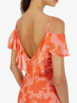 Robe de vacances maxi dos nu à volants plissée manches courtes imprimé floral col V manches pétales robe orange chic