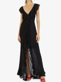 Robe de vacances maxi dos nu à volants plissée manches courtes imprimé floral col V manches pétales robe orange chic