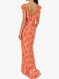 Robe de vacances maxi dos nu à volants plissée manches courtes imprimé floral col V manches pétales robe orange chic