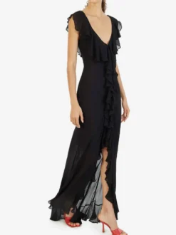 Robe de vacances maxi dos nu à volants plissée manches courtes imprimé floral col V manches pétales robe orange chic