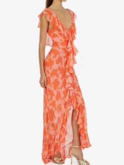 Robe de vacances maxi dos nu à volants plissée manches courtes imprimé floral col V manches pétales robe orange chic