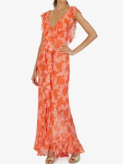 Robe de vacances maxi dos nu à volants plissée manches courtes imprimé floral col V manches pétales robe orange chic