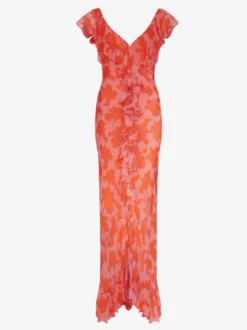 Robe de vacances maxi dos nu à volants plissée manches courtes imprimé floral col V manches pétales robe orange chic