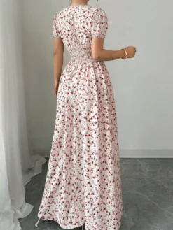 Robe de vacances maxi fleurie à col V et manches bouffantes taille haute coupe trapèze longue robe fluide