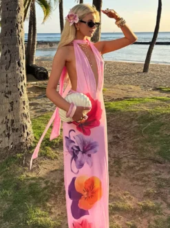Robe de vacances maxi à lacets sans manches imprimée col en V rose chic coupe trapèze
