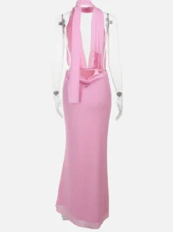 Robe de vacances maxi à lacets sans manches imprimée col en V rose chic coupe trapèze