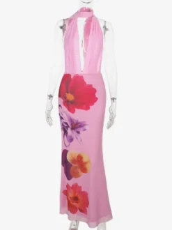 Robe de vacances maxi à lacets sans manches imprimée col en V rose chic coupe trapèze
