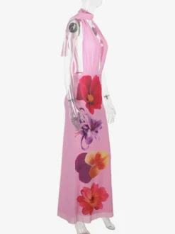 Robe de vacances maxi à lacets sans manches imprimée col en V rose chic coupe trapèze