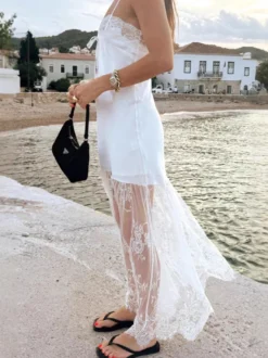 Robe de vacances maxi plissée sans manches à bretelles robe blanche sexy