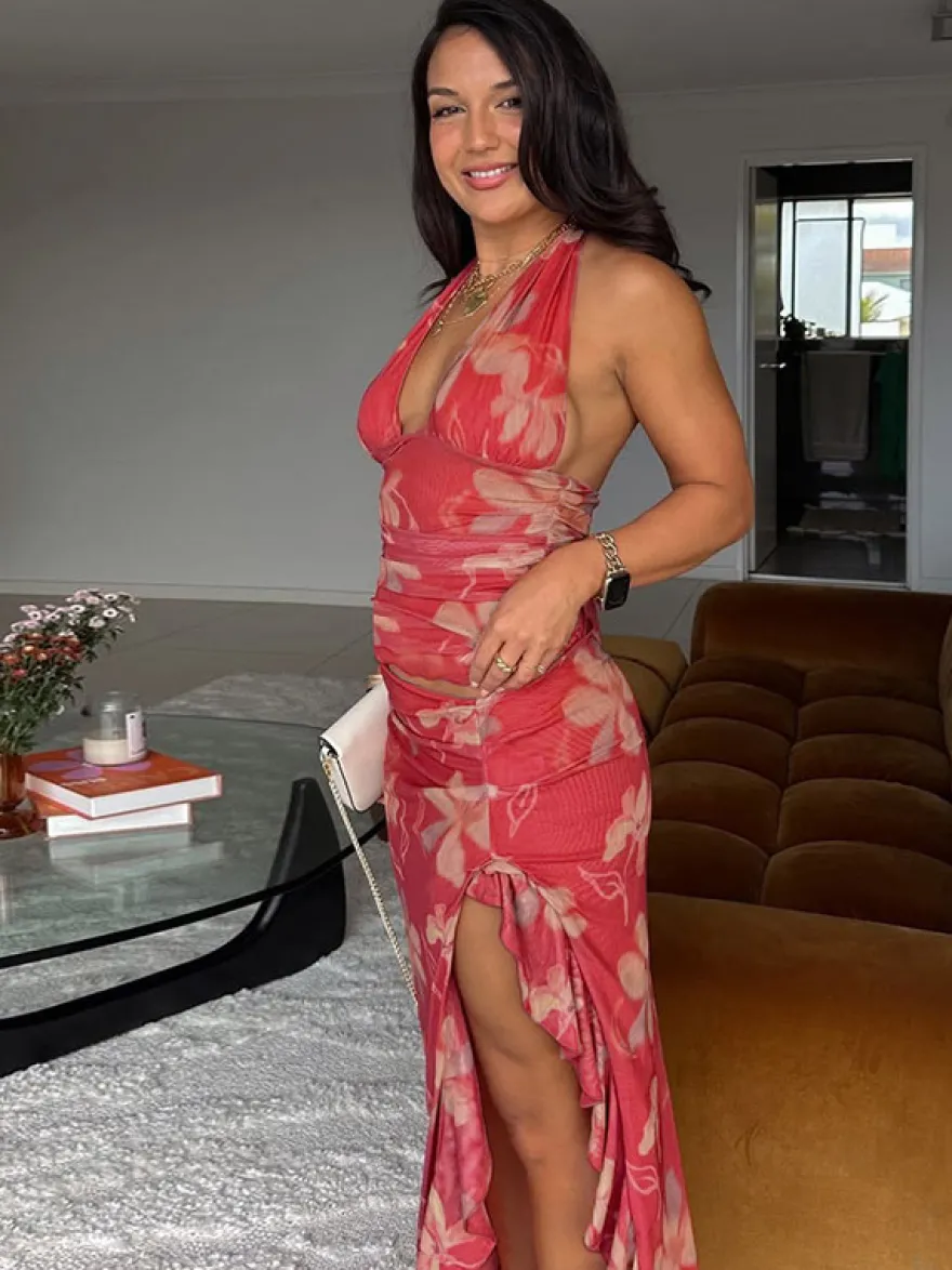 Robe de vacances maxi sans manches à imprimé floral dos nu rouge décontracté