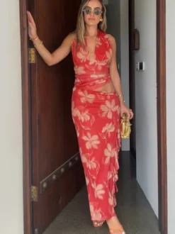 Robe de vacances maxi sans manches à imprimé floral dos nu rouge décontracté