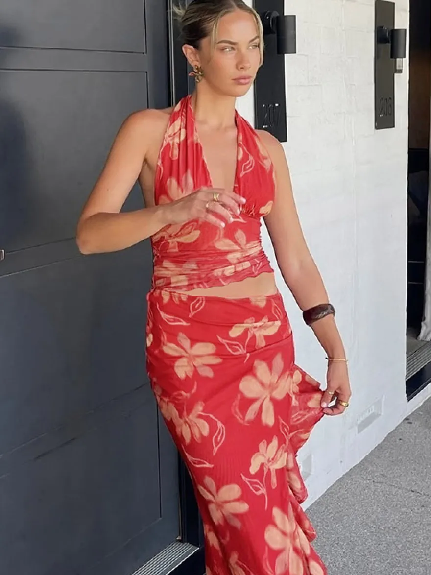 Robe de vacances maxi sans manches à imprimé floral dos nu rouge décontracté