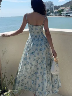 Robe de vacances maxi sans manches à imprimé floral bretelles col chic verte