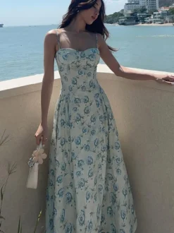 Robe de vacances maxi sans manches à imprimé floral bretelles col chic verte