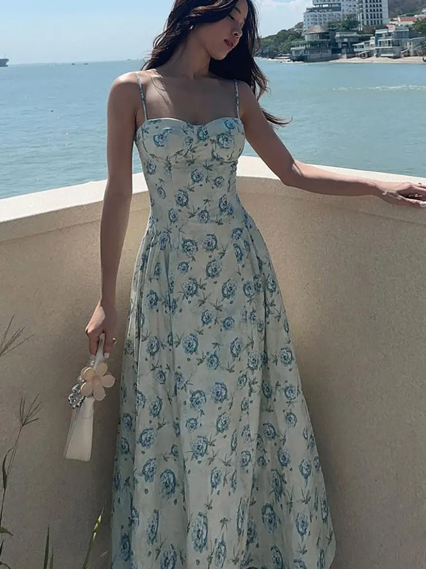 Robe de vacances maxi sans manches à imprimé floral bretelles col chic verte