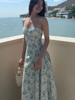 Robe de vacances maxi sans manches à imprimé floral bretelles col chic verte