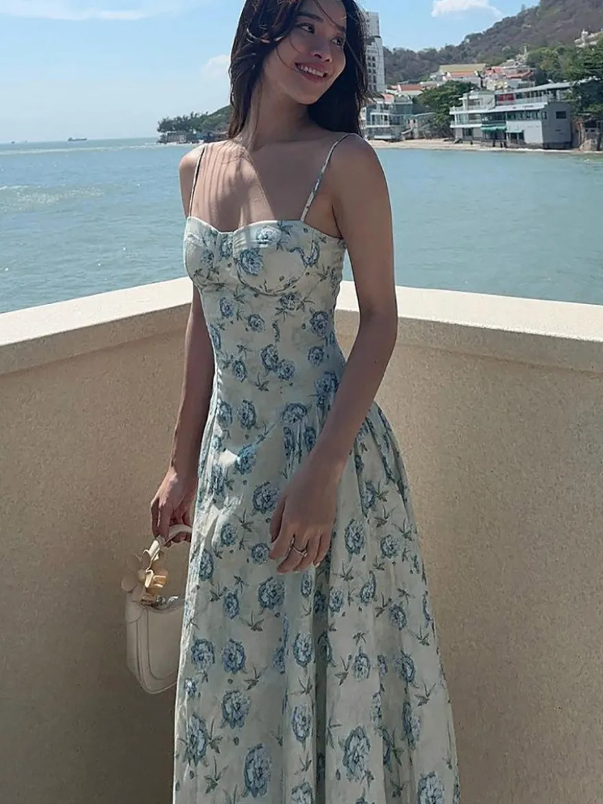 Robe de vacances maxi sans manches à imprimé floral bretelles col chic verte