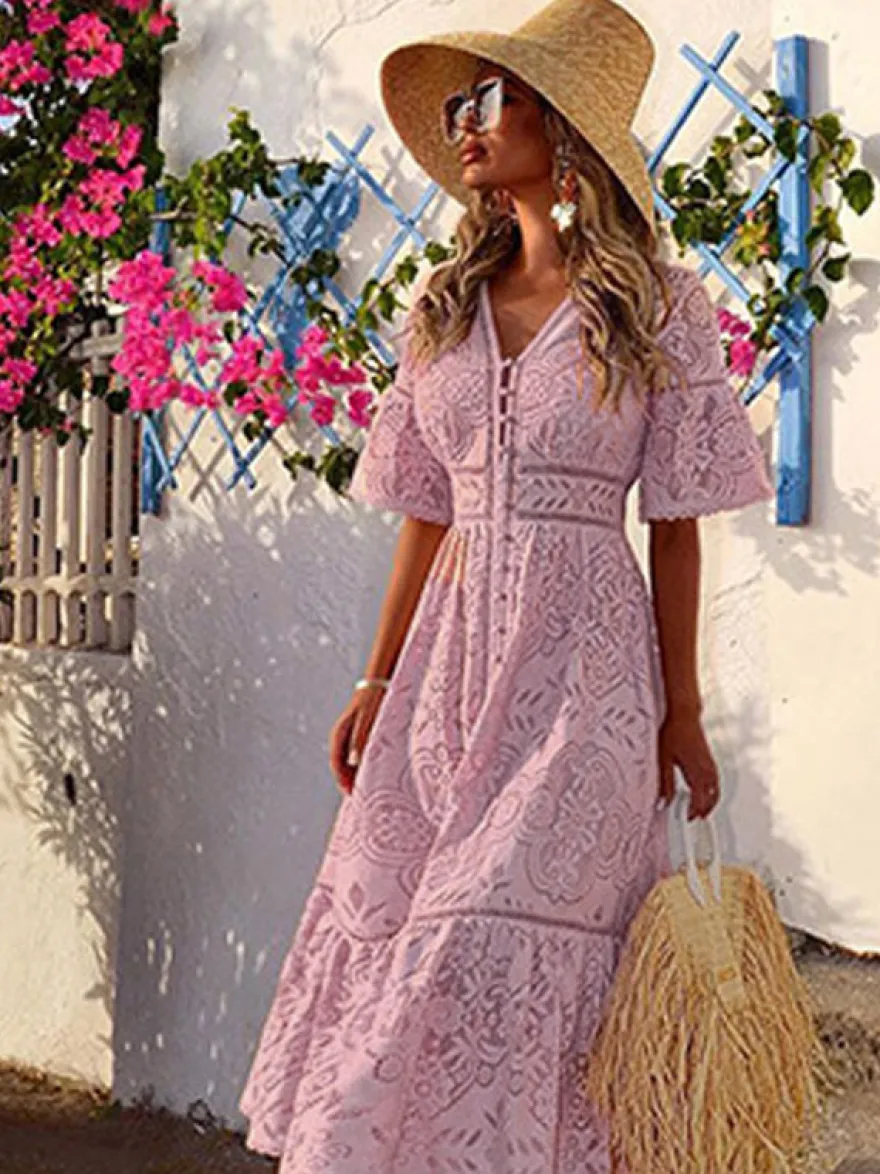Robe de vacances maxi sculptante en dentelle manches mi-longues col en V manches évasées élégante robe rose