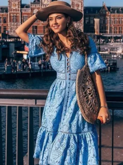 Robe de vacances maxi sculptante en dentelle manches mi-longues col en V manches évasées élégante robe rose