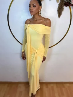 Robe de vacances maxi sirène à épaules dénudées ceinture drapée et devant torsadé manches longues