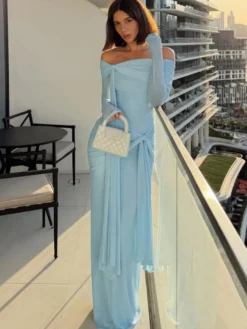 Robe de vacances maxi sirène à épaules dénudées ceinture drapée et devant torsadé manches longues