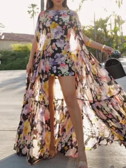 Robe de vacances maxi à volants sans manches à col rond robe bohème noire sexy