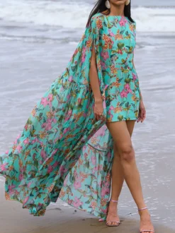 Robe de vacances maxi à volants sans manches à col rond robe bohème noire sexy