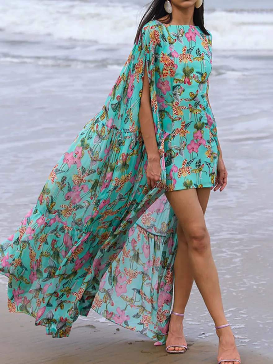Robe de vacances maxi à volants sans manches à col rond robe bohème noire sexy