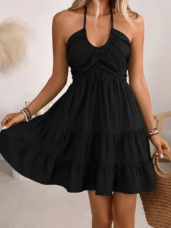 Robe de vacances midi à lacets dos nu col halter et volants étagés robe d'été pour la plage