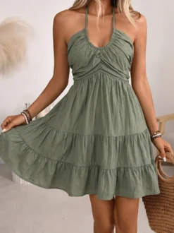 Robe de vacances midi à lacets dos nu col halter et volants étagés robe d'été pour la plage