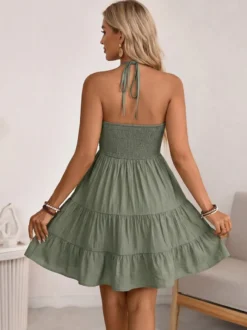 Robe de vacances midi à lacets dos nu col halter et volants étagés robe d'été pour la plage