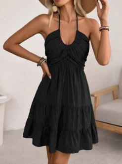 Robe de vacances midi à lacets dos nu col halter et volants étagés robe d'été pour la plage