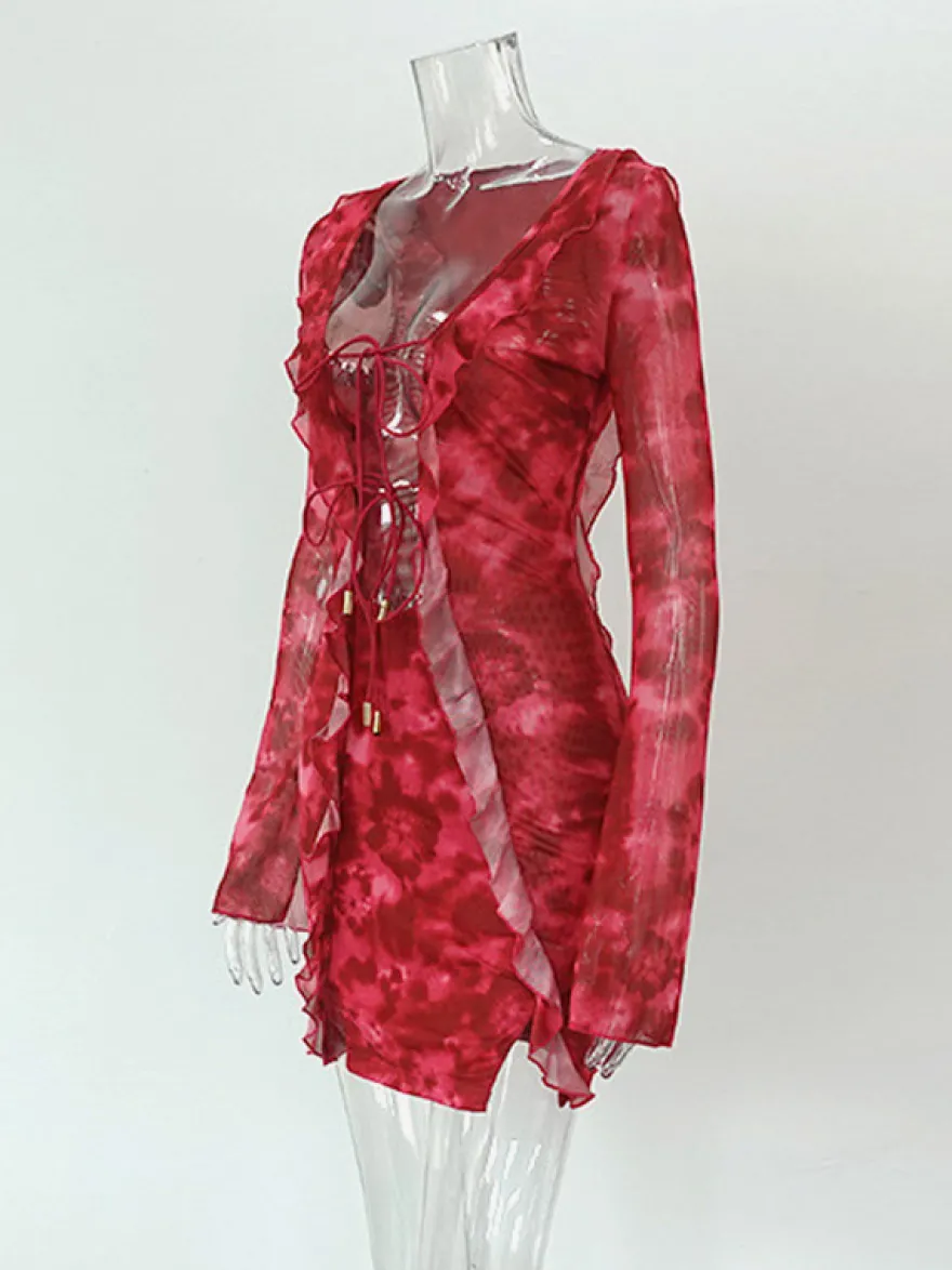 Robe de vacances mini asymétrique à manches longues et décolleté en V géométrique sexy rose