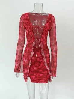 Robe de vacances mini asymétrique à manches longues et décolleté en V géométrique sexy rose