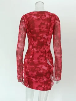 Robe de vacances mini asymétrique à manches longues et décolleté en V géométrique sexy rose