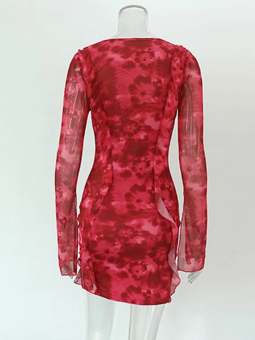 Robe de vacances mini asymétrique à manches longues et décolleté en V géométrique sexy rose