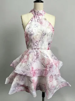 Robe de vacances mini dos nu à fleurs et volants sans manches imprimé floral col halter élégante robe rose