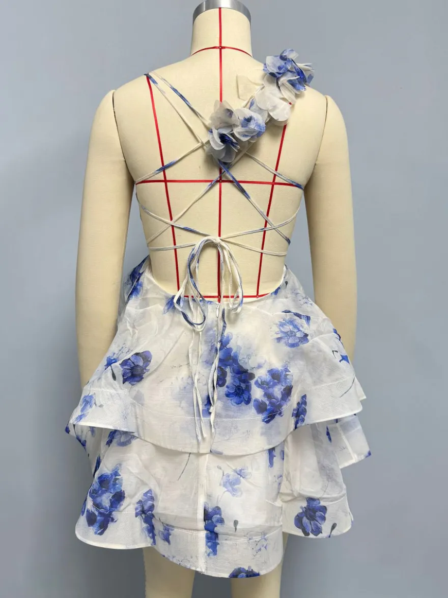 Robe de vacances mini dos nu à fleurs lacée sans manches imprimé floral col en V rose décontracté