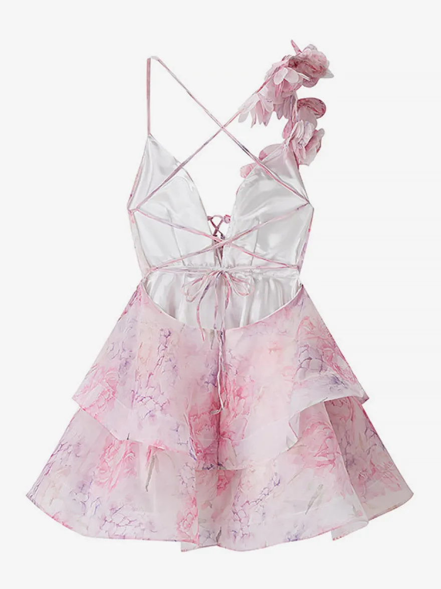 Robe de vacances mini dos nu à fleurs lacée sans manches imprimé floral col en V rose décontracté