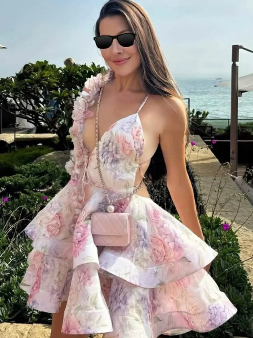 Robe de vacances mini dos nu à fleurs lacée sans manches imprimé floral col en V rose décontracté
