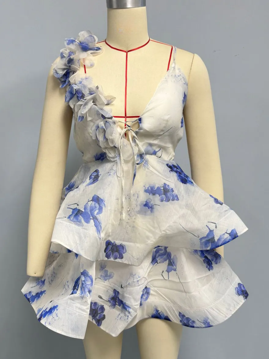 Robe de vacances mini dos nu à fleurs lacée sans manches imprimé floral col en V rose décontracté