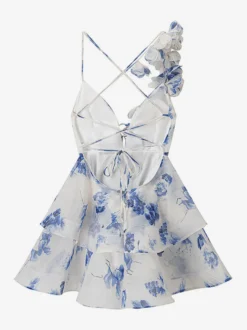 Robe de vacances mini dos nu à fleurs lacée sans manches imprimé floral col en V rose décontracté
