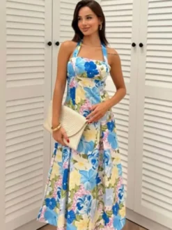 Robe de vacances sculptante dos nu en dentelle sans manches à bretelles imprimées rose élégante