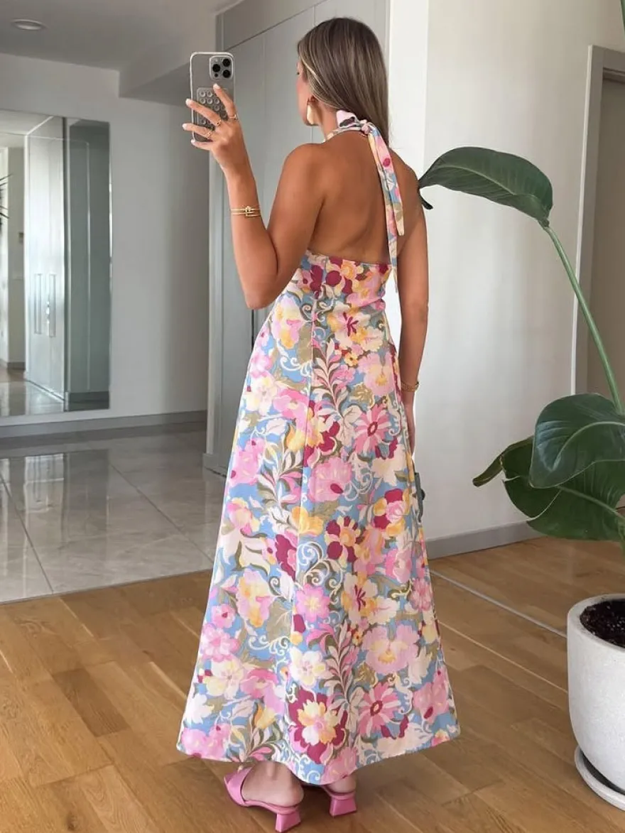 Robe de vacances sculptante dos nu en dentelle sans manches à bretelles imprimées rose élégante