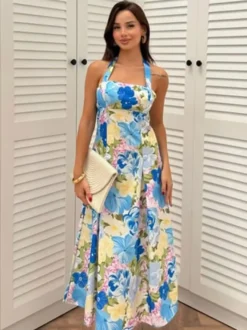 Robe de vacances sculptante dos nu en dentelle sans manches à bretelles imprimées rose élégante