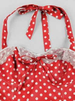 Robe dos nu vintage à pois ornée de dentelle nœud dans le dos sans manches taille haute coupe évasée