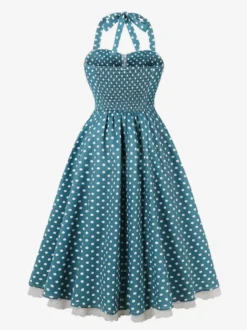 Robe dos nu vintage à pois ornée de dentelle nœud dans le dos sans manches taille haute coupe évasée