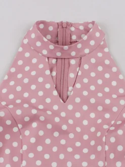 Robe dos nu vintage à pois sans manches col ajouré style rétro taille haute coupe évasée mi-longue