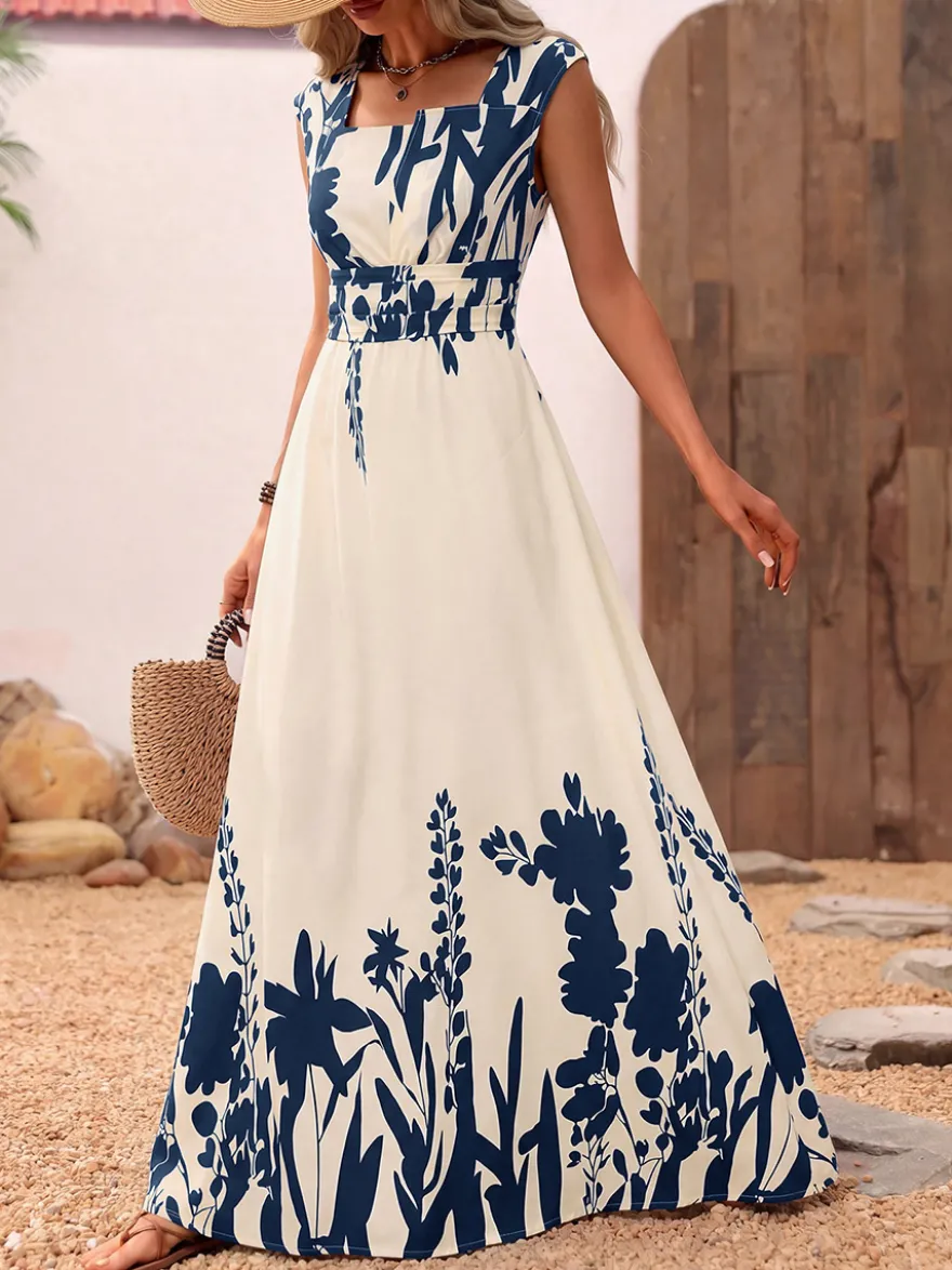 Robe d'été bohème bleu foncé à imprimé floral col carré sans manches fluide style bohème idéale pour la plage.